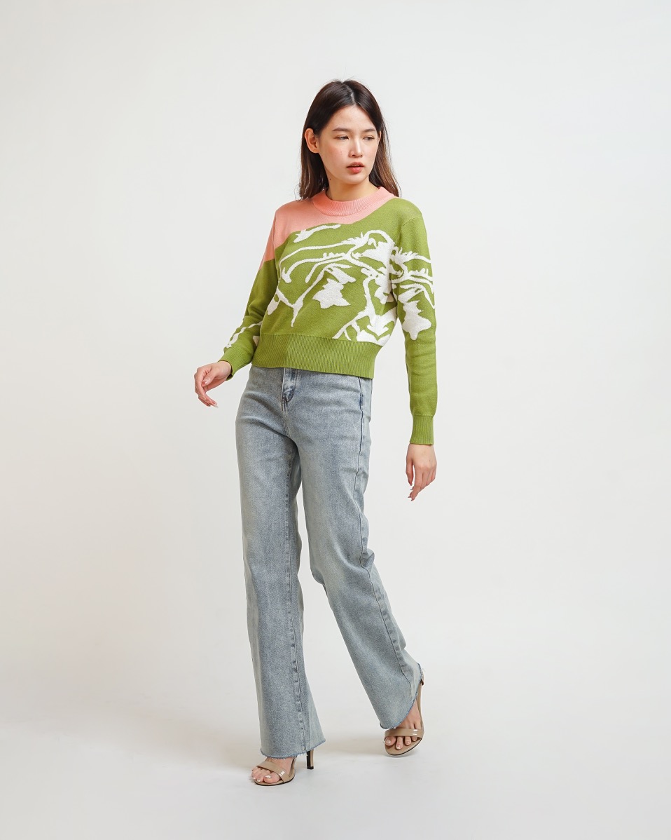 NASL Long-Sleeve Contrast Crop Sweater in Green