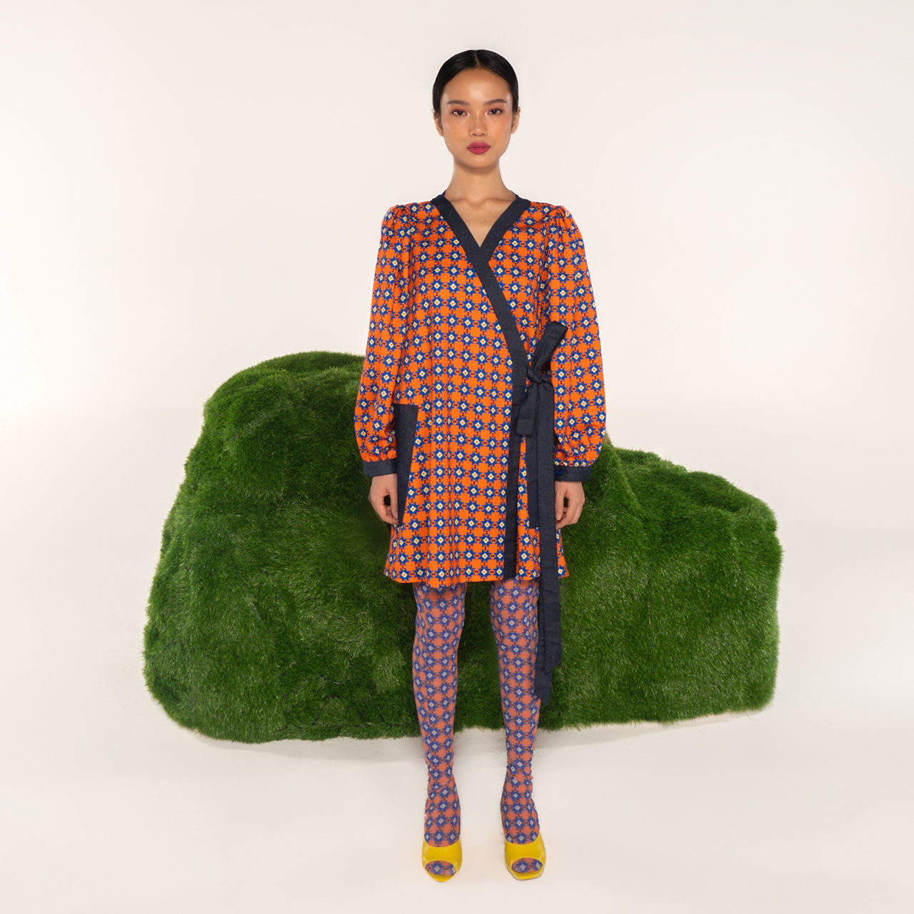 Tunic-Dress Wrap Geomteric Orange Navy