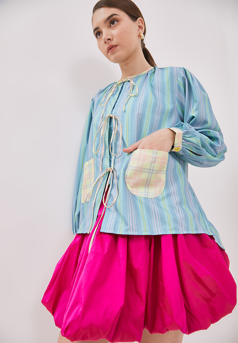 Emerald Ribbon Check Pocket Blouse