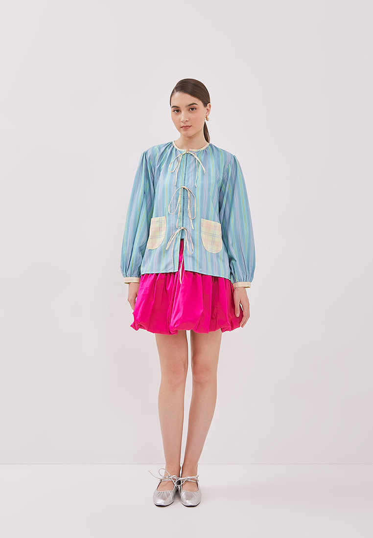 Emerald Ribbon Check Pocket Blouse