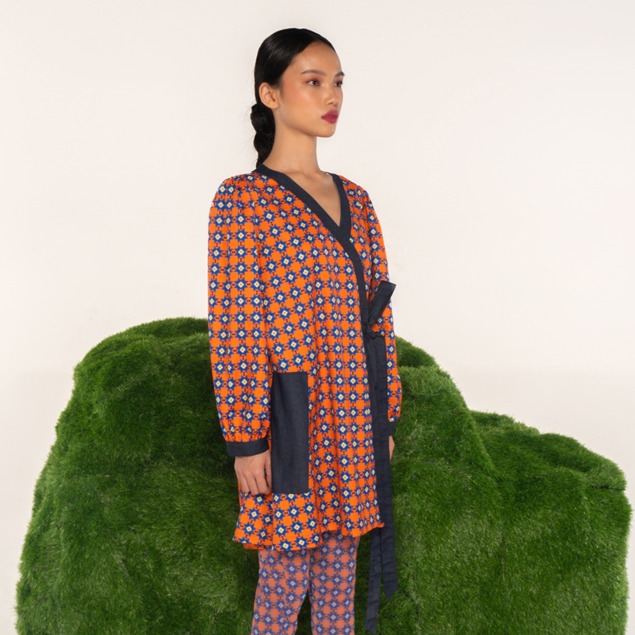 Tunic-Dress Wrap Geomteric Orange Navy