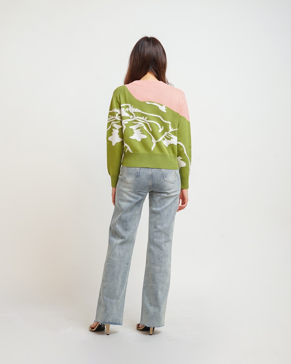 NASL Long-Sleeve Contrast Crop Sweater in Green
