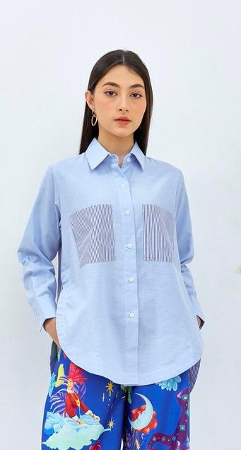 Shirt Plain Combination Stripe Blue
