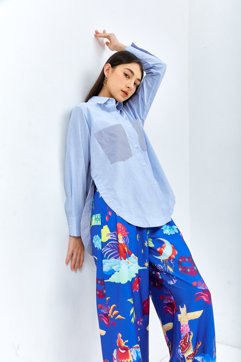 Shirt Plain Combination Stripe Blue