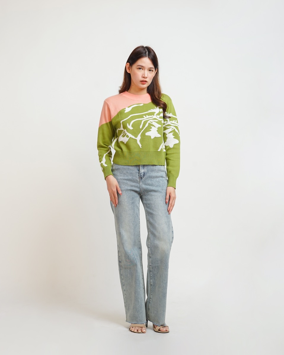 NASL Long-Sleeve Contrast Crop Sweater in Green