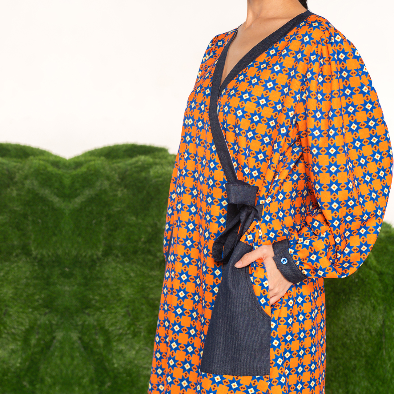 Tunic-Dress Wrap Geomteric Orange Navy
