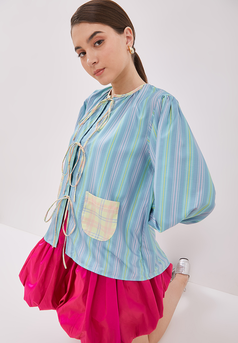 Emerald Ribbon Check Pocket Blouse