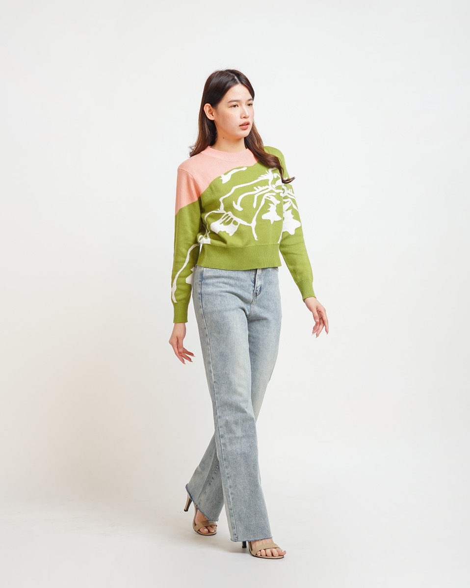 NASL Long-Sleeve Contrast Crop Sweater in Green